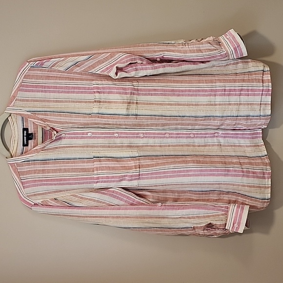 Lands End Tunic Striped Linen Blouse Top Band Collar Button Front size Large - Picture 1 of 7